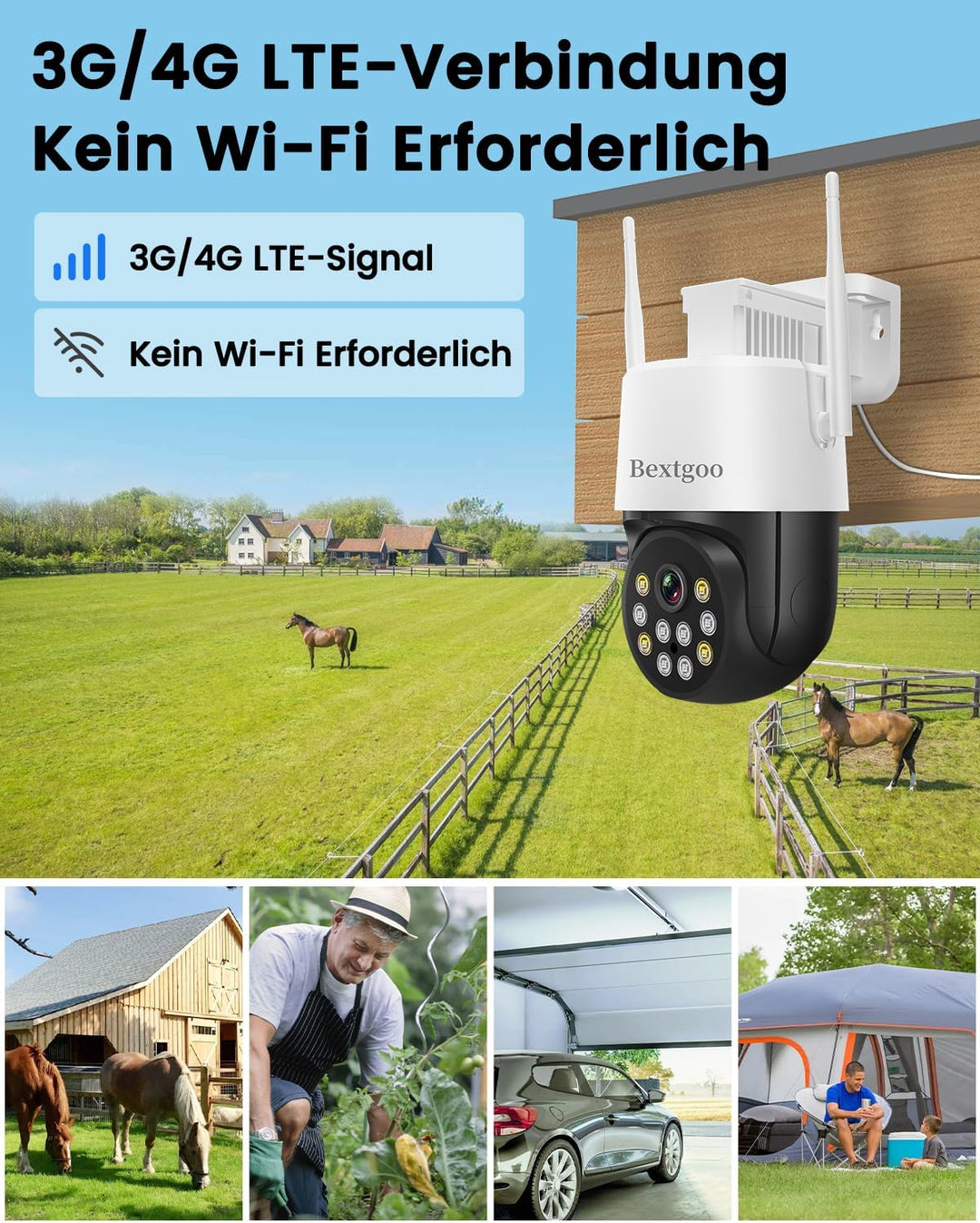 Bextgoo Überwachungskamera mit SIM Karte, 4MP 4G LTE Überwachungskamera ohne WLAN, 360° PTZ Blickwin