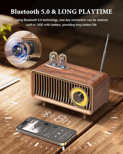 Retro Bluetooth Lautsprecher, COLSUR Tragbares Vintage FM Radio mit Verstellbaren Knopf und Antenne,