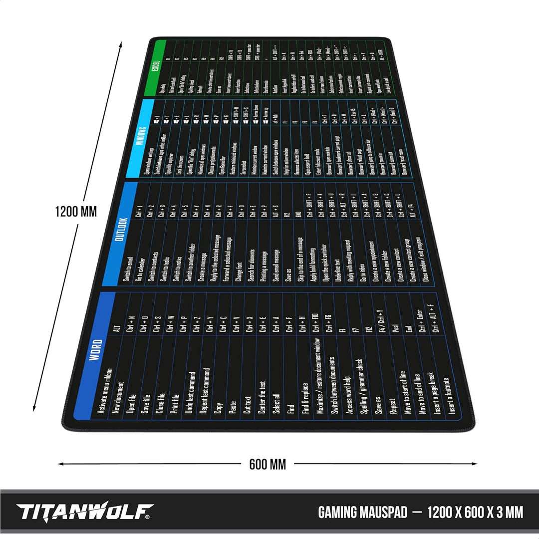 TITANWOLF - XXL Speed Gaming Mauspad 1200 x 600mm - Excel Windows Outlook Word Shortcut Tastenkürzel