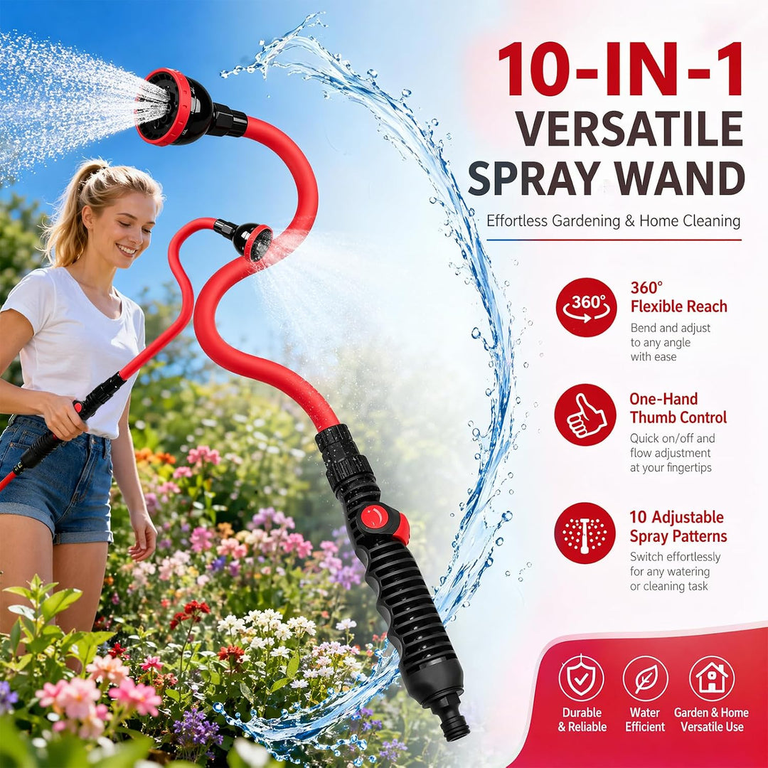 Flexibler Garten Giessstab 73cm, 10 Sprühfunktionen & 360° Schwenkkopf, Gartenbrause mit Durchflussk