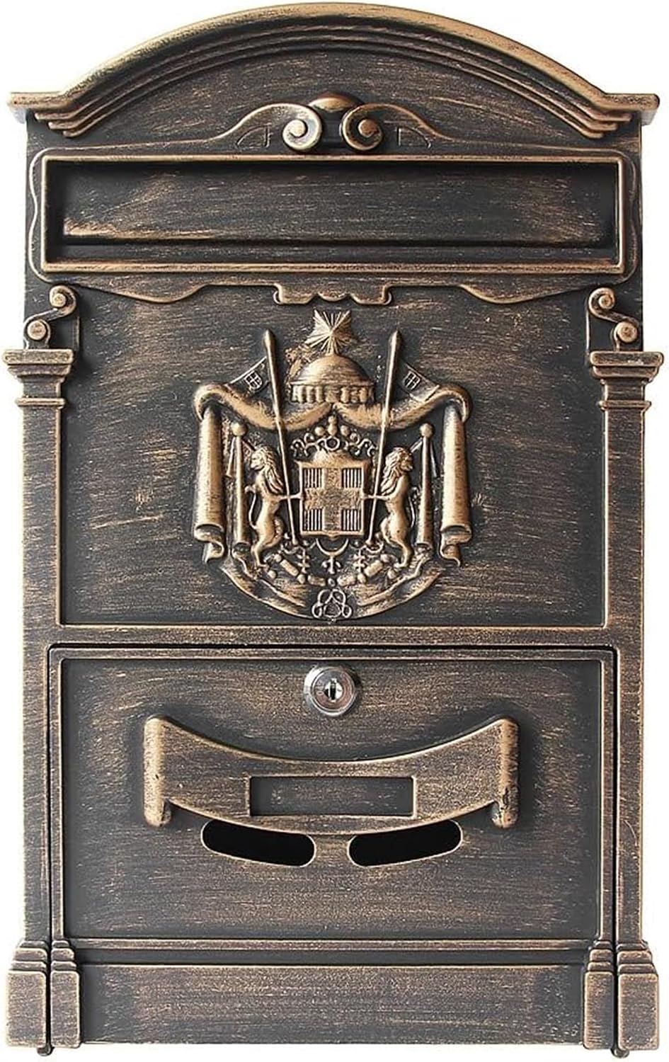 Mucola Briefkasten Wandbriefkasten Antik mit Zeitungsfach abschliessbar Gold | Aluguss-Front mit 3D-