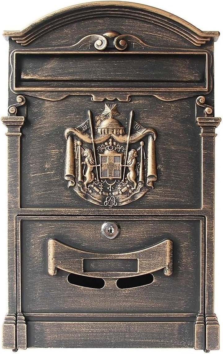 Mucola Briefkasten Wandbriefkasten Antik mit Zeitungsfach abschliessbar Gold | Aluguss-Front mit 3D-