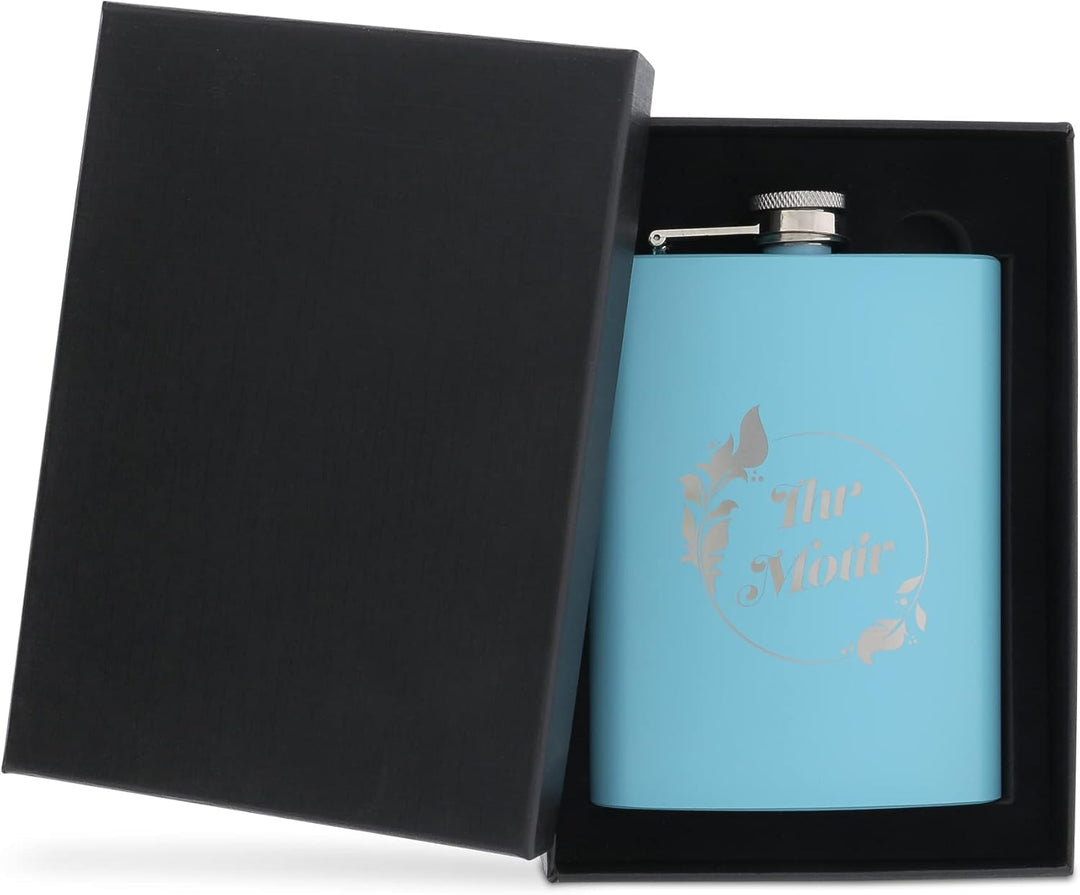 stempel-fabrik – personalisierbarer Flachmann in blau aus Edelstahl – Taschenflasche mit Wunschgravu