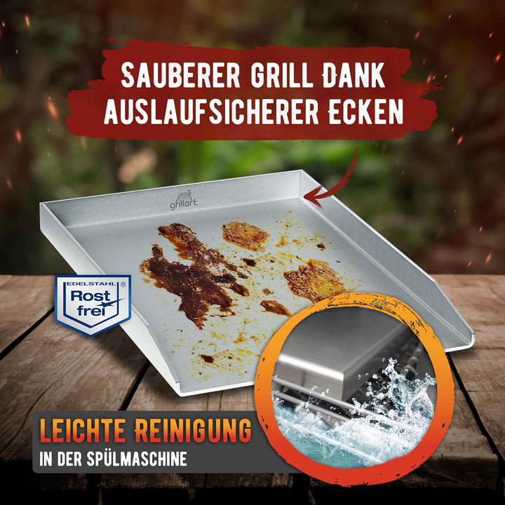 grillart® Premium Plancha Grillplatte mit Grillspachtel aus massiven 4mm Edelstahl, 30x40cm Universa
