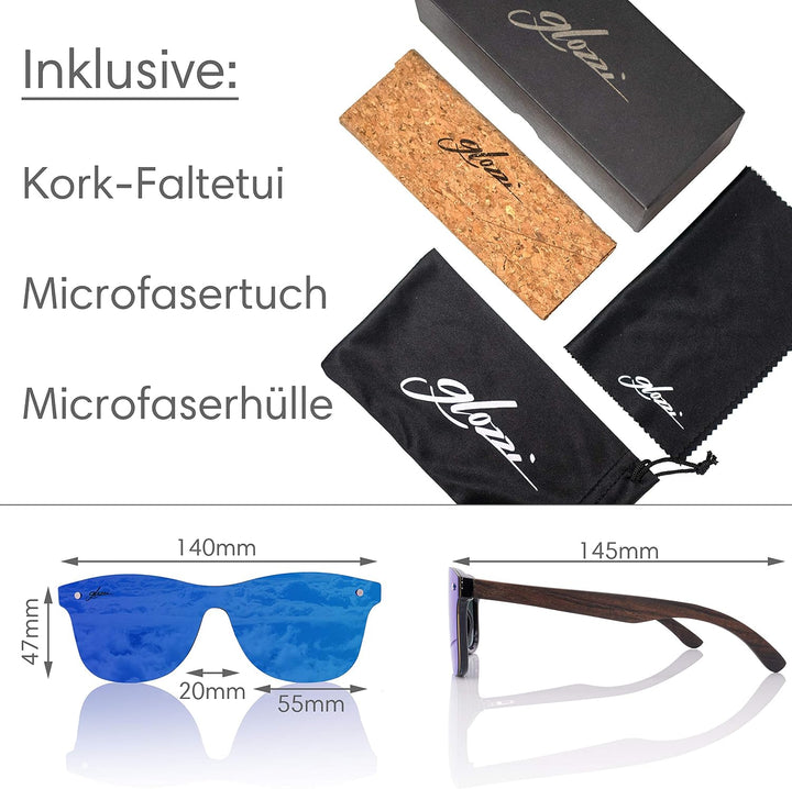 Sonnenbrille Herren und Damen Holz Polarisiert UV400 mit Holzbügeln und Brillenetui aus Kork Ebony B