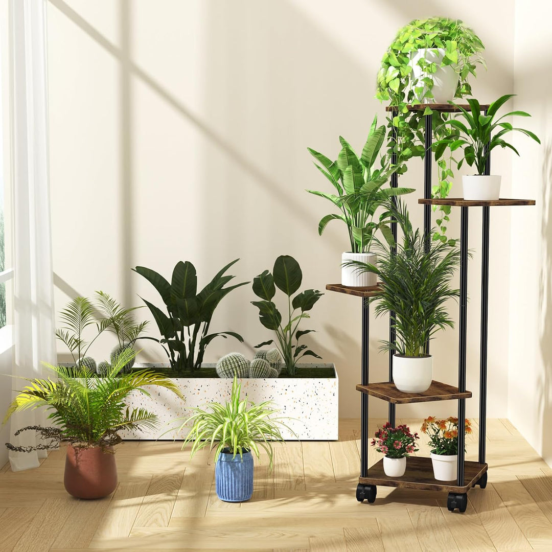 Blumenständer Pflanzenständer 5 Tier Holz, Pflanzenregal Mit Abnehmbaren Rollen, Modernes Blumenrega