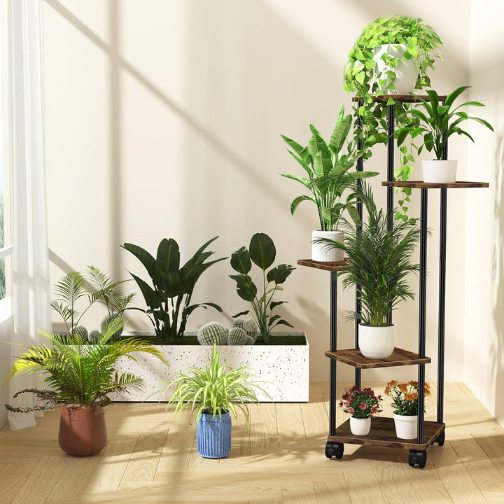 Blumenständer Pflanzenständer 5 Tier Holz, Pflanzenregal Mit Abnehmbaren Rollen, Modernes Blumenrega