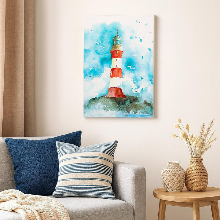 Bilder auf Leinwand 55x100cm Leinwandbild mit Rahmen Leuchtturm Wasser Illustration Welle Gross Wand