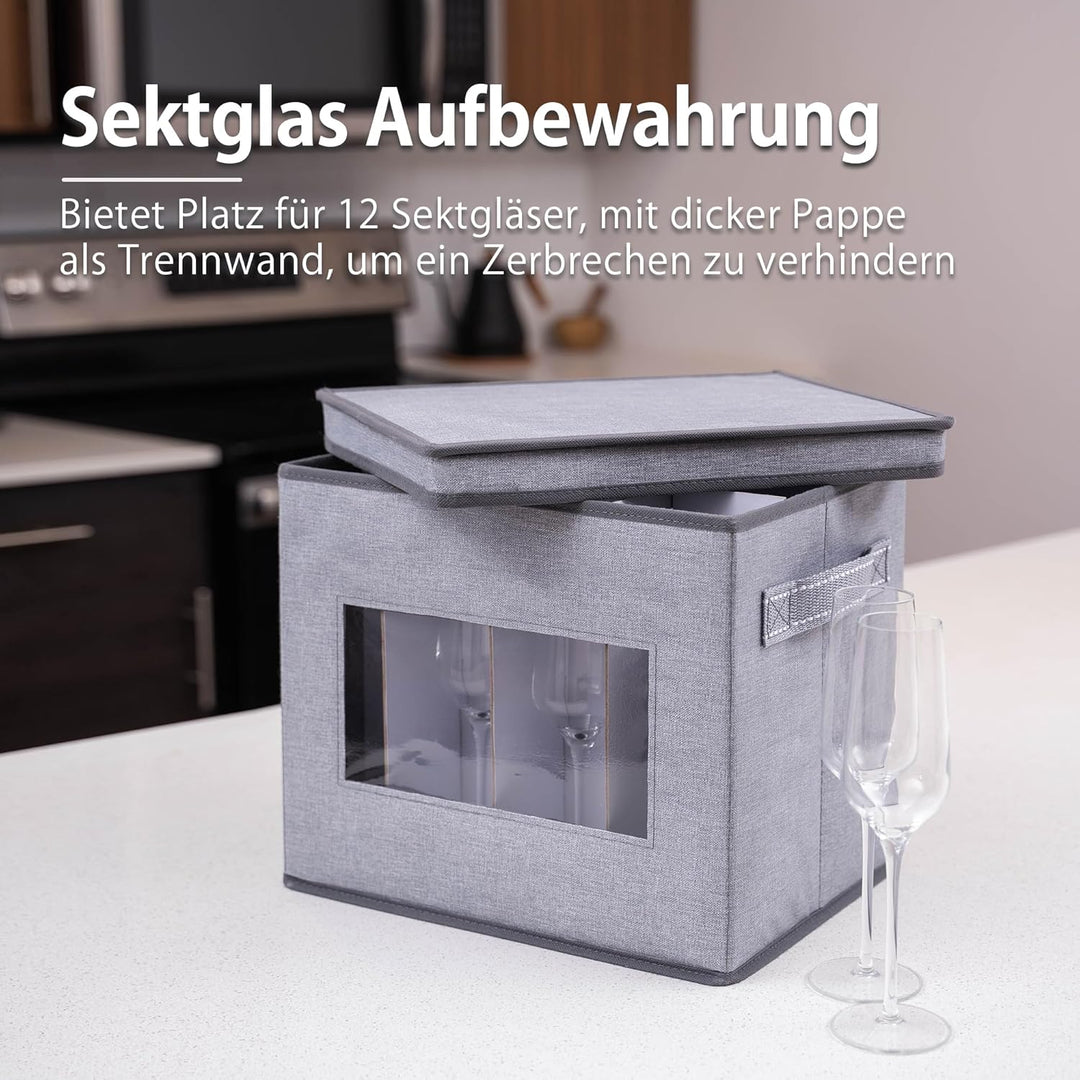 VENO Aufbewahrungsbox für Champagnerflöten aus Glas mit Deckel und Griffen, Stielgläser-Organizer, F