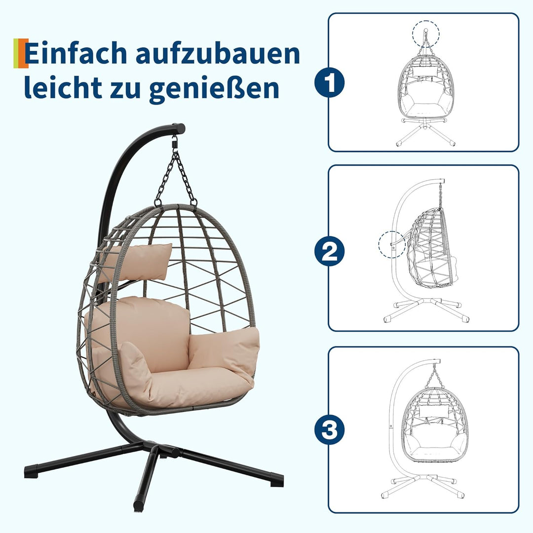 Hängesessel mit Gestell Outdoor bis 150 kg belastbar, Rattan Hängesessel mit Metallgestell, ideal al