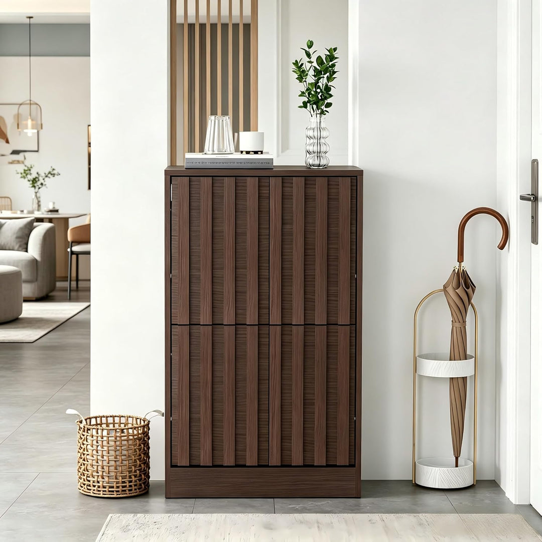 UEV Schuhschrank mit 2 Klappen Schmal Holz Schuhkipper Schuhkommode mit Kippschutz, Schuhaufbewahrun