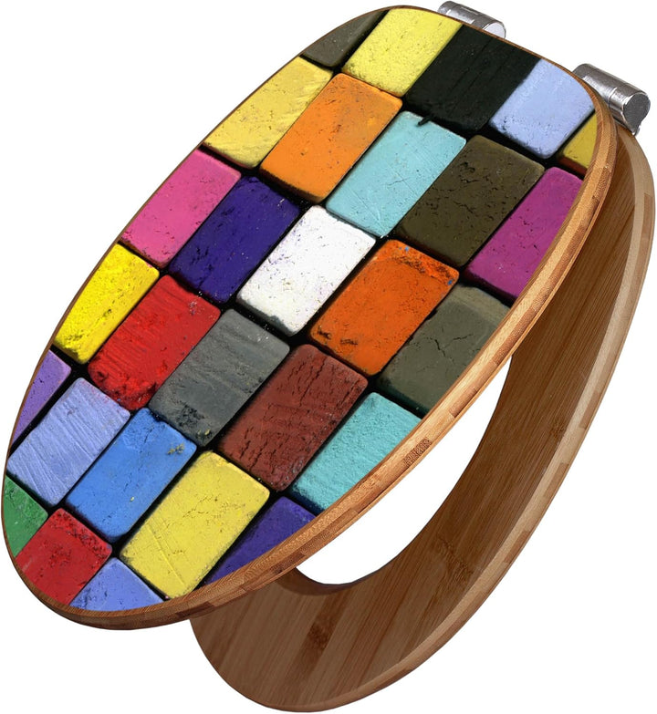 banjado® Design WC Sitz Bambus Absenkautomatik mit Motiv Bunte Kreide/Toilettendeckel mit Absenkauto