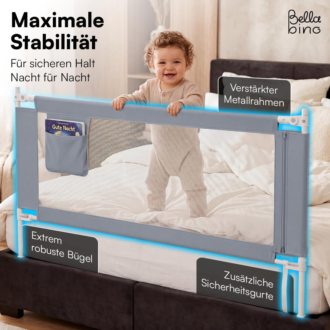Bellabino Drina Rausfallschutz – Bettschutzgitter Boxspringbett – Bettgitter 180 cm Hellgrau – Baby