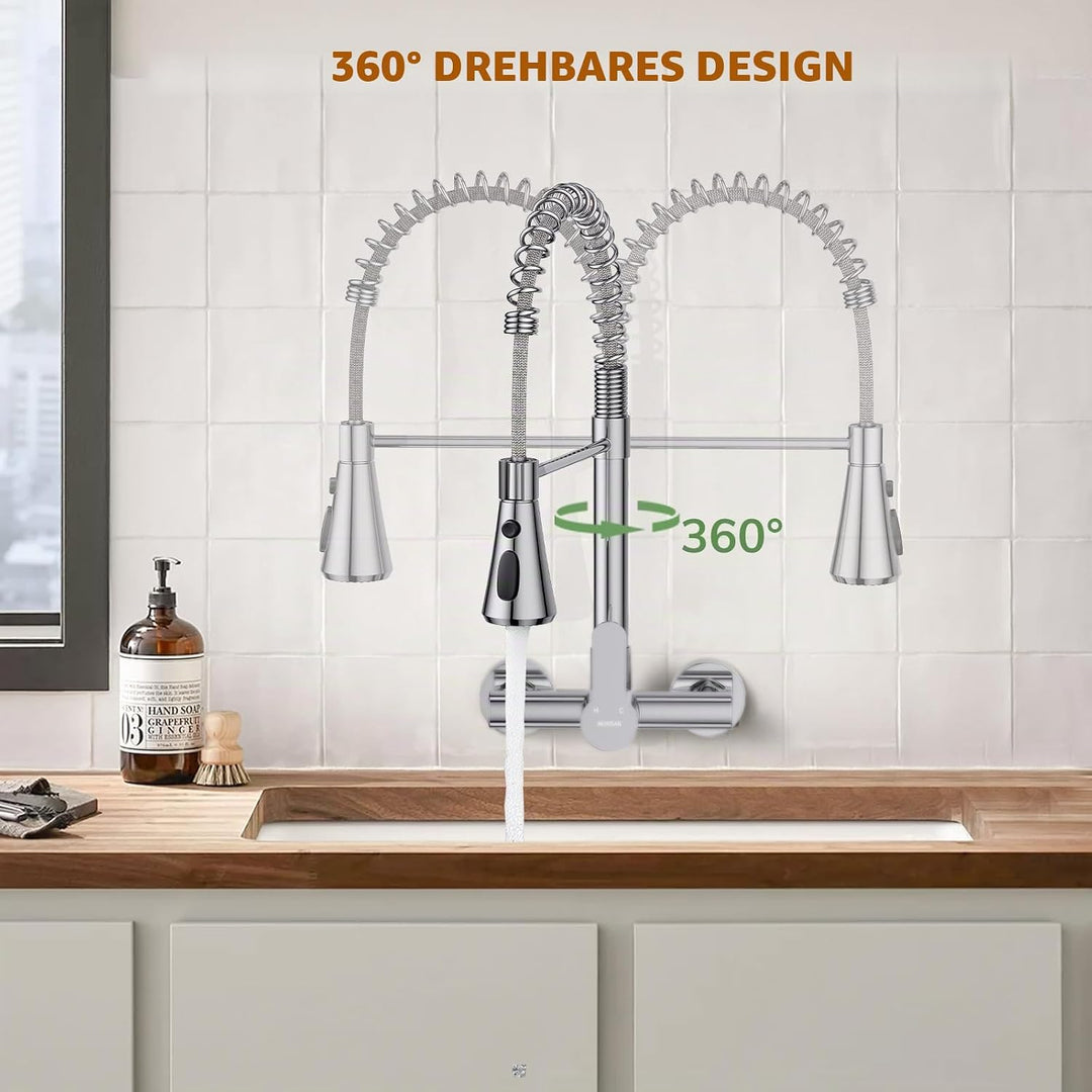 HURRAN Wasserhahn Wandmontage, Küchenarmatur mit 3 Auslaufarten, 360° Schwenkbarer Wasserhahn Küche
