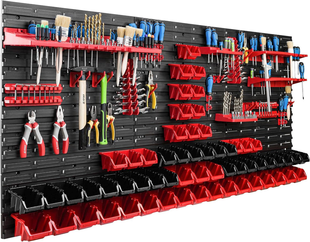 Lagersystem Werkstattregal | 172 x 78 cm | 60 stck. Box | Wandregal mit Werkzeughalterungen und Stap