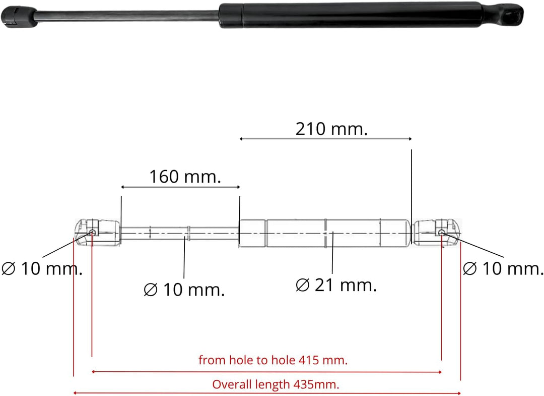 Kolben Gasfeder für Hebemechanismus Bett Behälter - Achsabstand 415 mm - 600/800/1000 Newton - 1 Kol