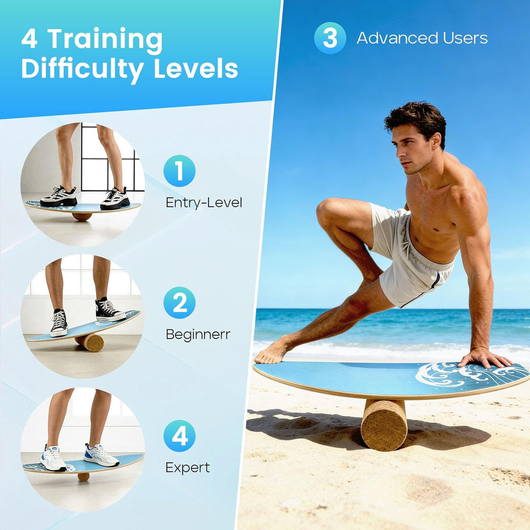 Balance Board Für Erwachsene 3-In-1,Mit Kork Rolle & Ball,Rutschfeste Oberfläche &Leise,Holz Balance
