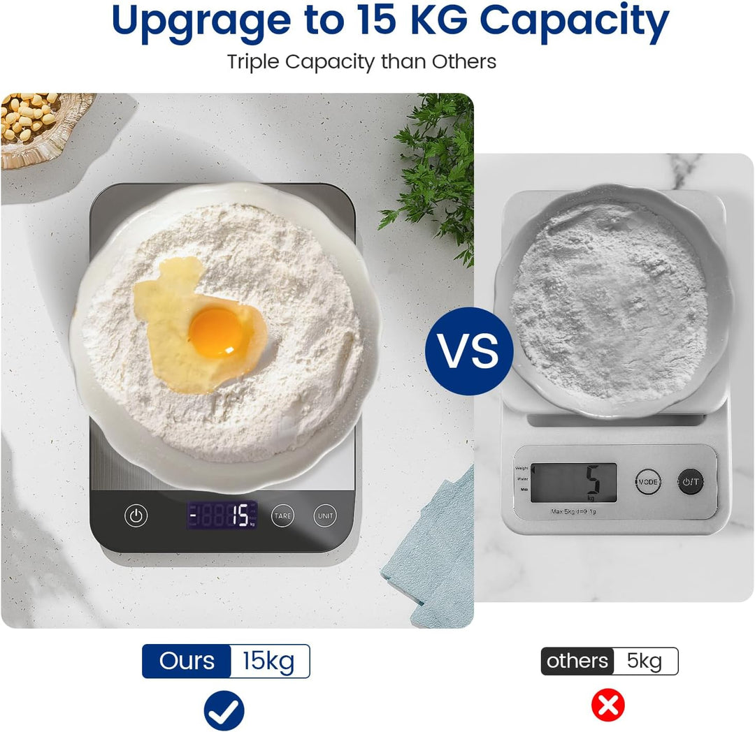 Wiederaufladbar Digitale Küchenwaage, USB C Elektronik Küchenwaage, 15 kg Hochpräzise 1g/0.1oz Leben