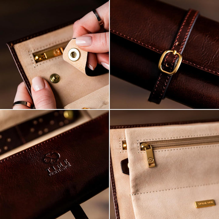 Time Resistance Braun Leder Schmuck Organizer – 100% Leder Schmuckrolle für Reisen Hergestellt in It