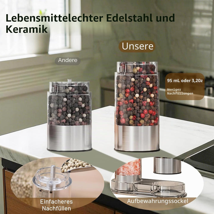 Wiederaufladbares Elektrisches Salz und Pfeffermühlen Set mit Sockel, Gewürzmühlen aus Edelstahl mit