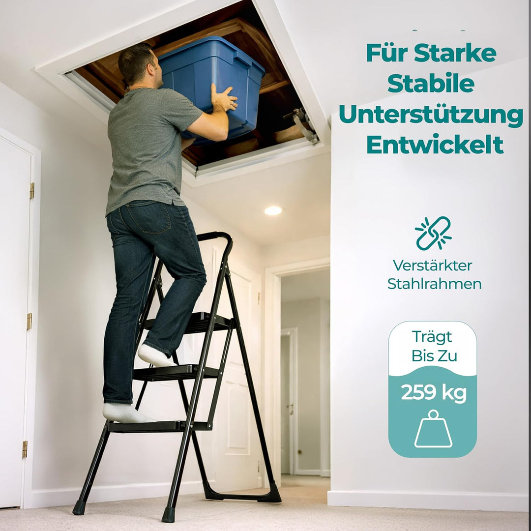 SereneLife Trittleiter 3 Stufen klappbar – Stabiler Tritthocker mit Handlauf, rutschfest, bis 259 kg