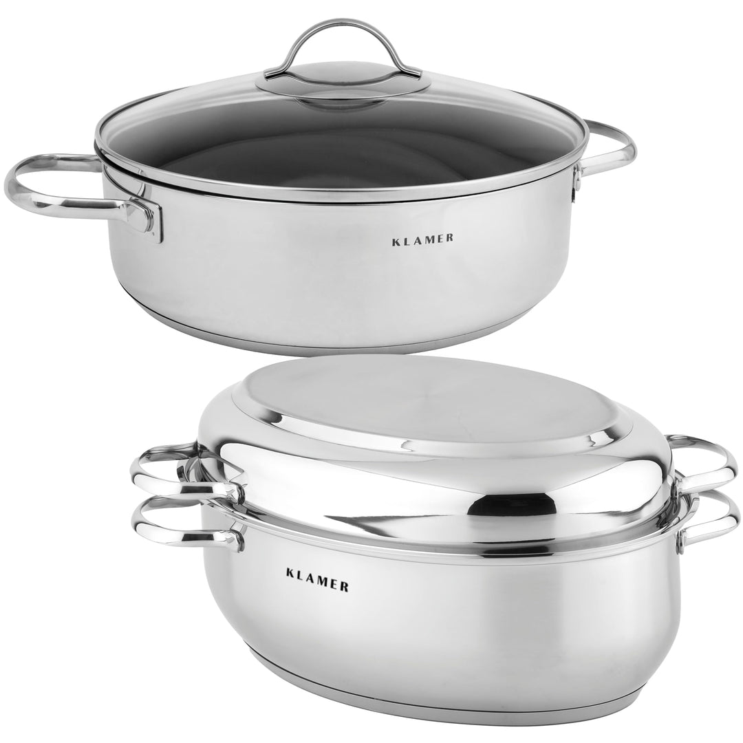 KLAMER Bräter + Servierpfanne 28 cm Set, Schmorpfanne mit Deckel 28cm Induktion, Edelstahl Schmortop