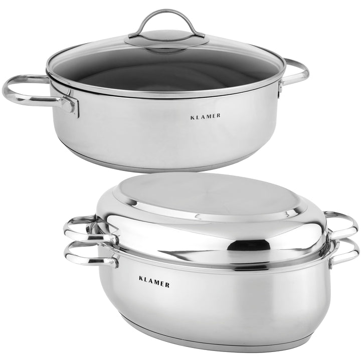 KLAMER Bräter + Servierpfanne 28 cm Set, Schmorpfanne mit Deckel 28cm Induktion, Edelstahl Schmortop