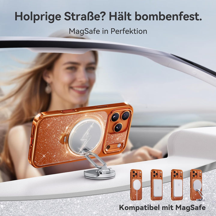 CASEKOO Glitzer Orange für iPhone 17 Pro Max Hülle für MagSafe [360 Drehständer] [Kameraschutz & Mil