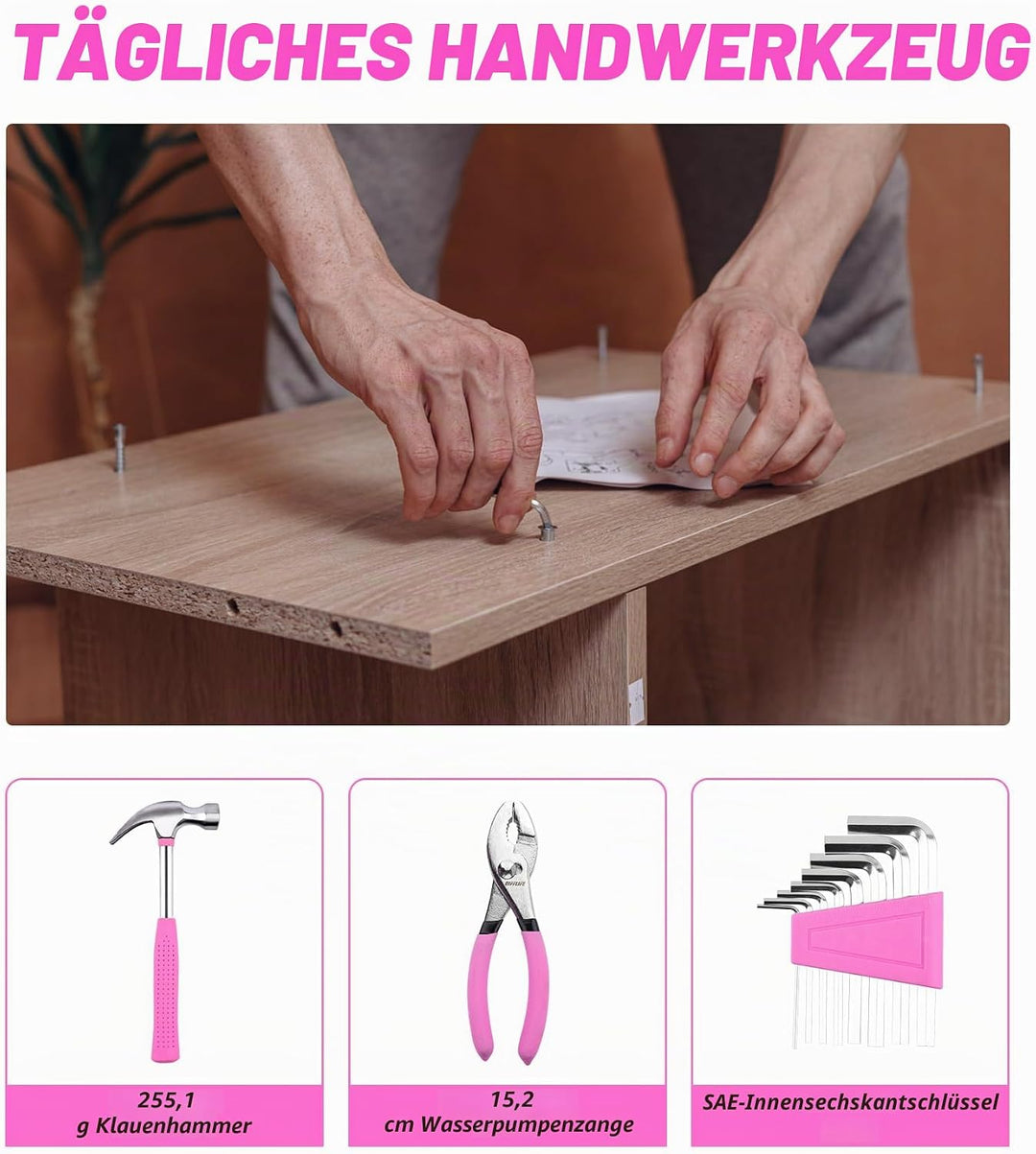 Werkzeug-Set, Pink, 40-teilig, allgemeines Haushalts-Handwerkzeug-Set mit Kunststoff-Werkzeugkasten,