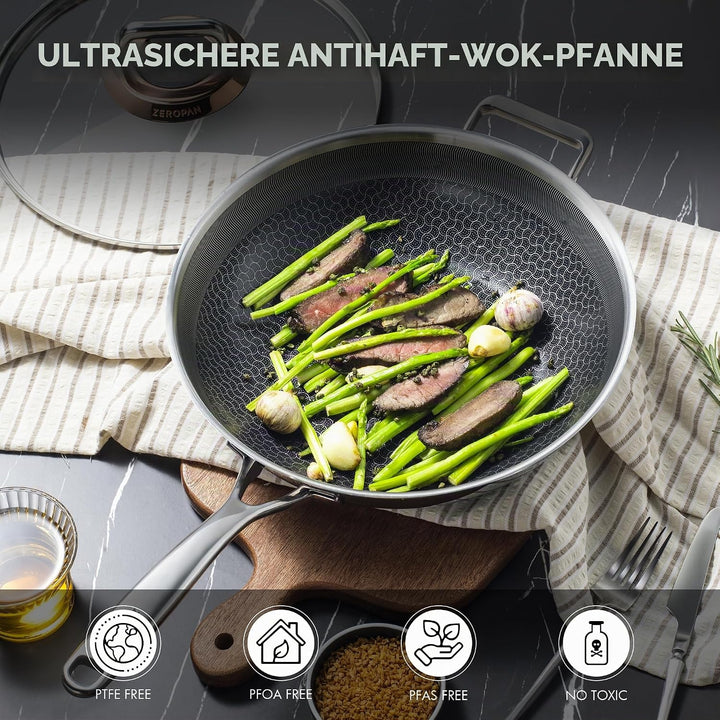 Wokpfanne mit Deckel Hybrid 30cm, Wabenpfanne Antihaft Edelstahl, kühl bleibender Griff, spülmaschin