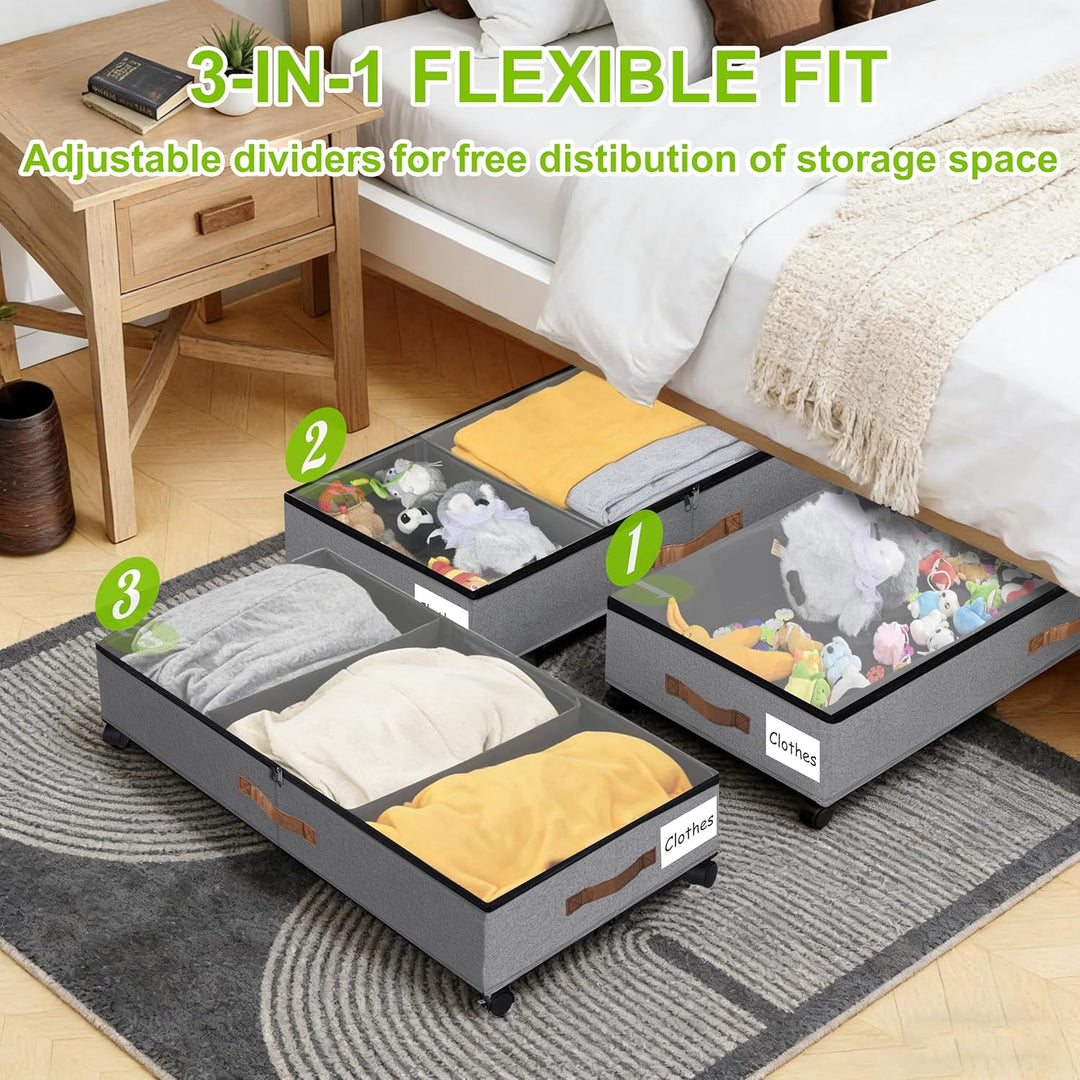 2 Stück Unterbett Aufbewahrungsbox 50L Unterbettkommode mit Rollen & Verstellbar Trennwand Bettkaste