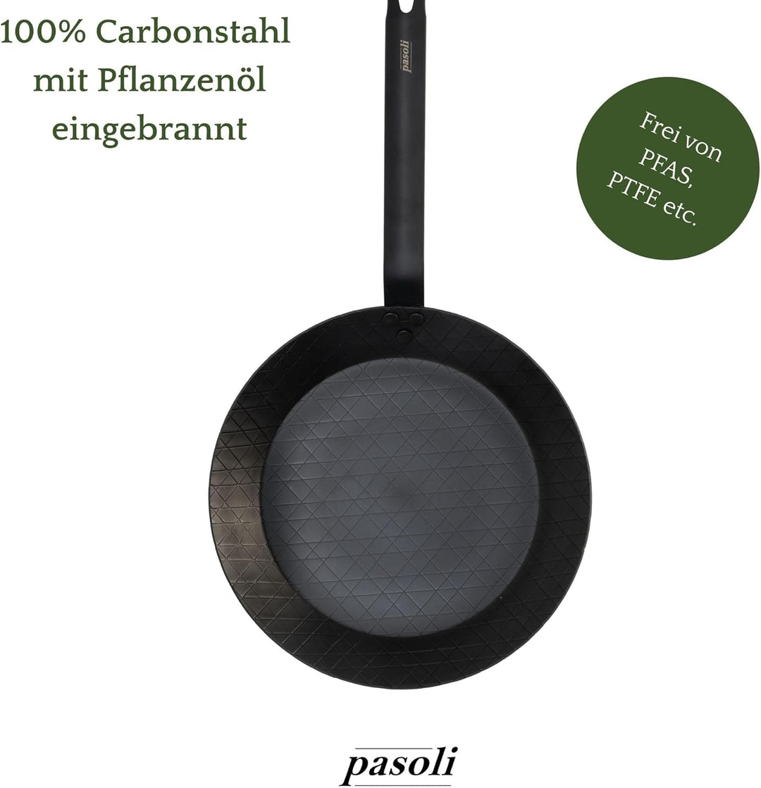 pasoli Steak-Pfanne aus Carbonstahl, voreingebrannt (mit Griffschutz) Steak-Pfanne mit Griffschutz,