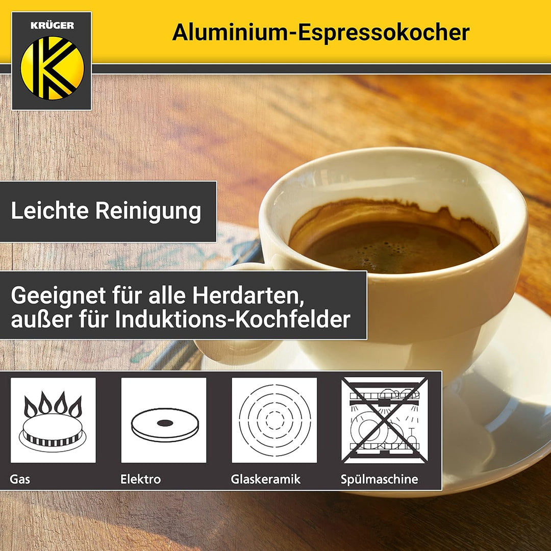 KRÜGER Aluminium-Espressokocher mit Silikon-Dichtring für 3 Tassen - schnelle und einfache Espresso-