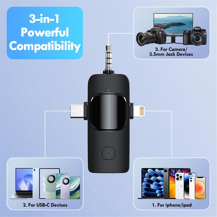 3 in 1 Kabelloses Lavalier Mikrofon für iPhone Android Kamera USB-C, Rauschunterdrückung Kabelloses