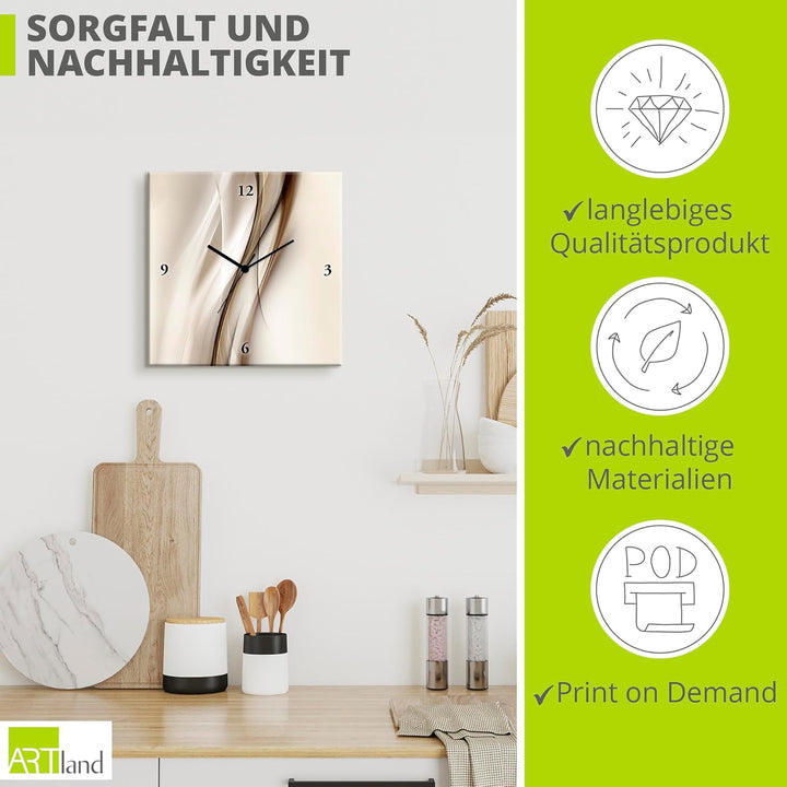 ARTLAND Wanduhr ohne Tickgeräusche Leinwand Quarzuhr 30x30 cm Quadratisch Lautlos Design Welle Abstr