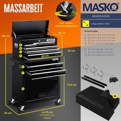 MASKO® Werkstattwagen inkl. Koffer - 9 Fächer Abschliessbar | Massives Metall | Mobiler Werkzeug-Wag