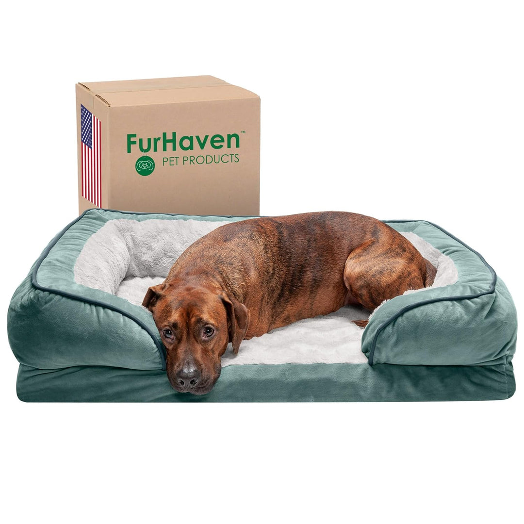Furhaven Large Memory Foam Dog Bed Perfect Comfort Plush & Velvet Waves Sofa-Style w/Removable Washa