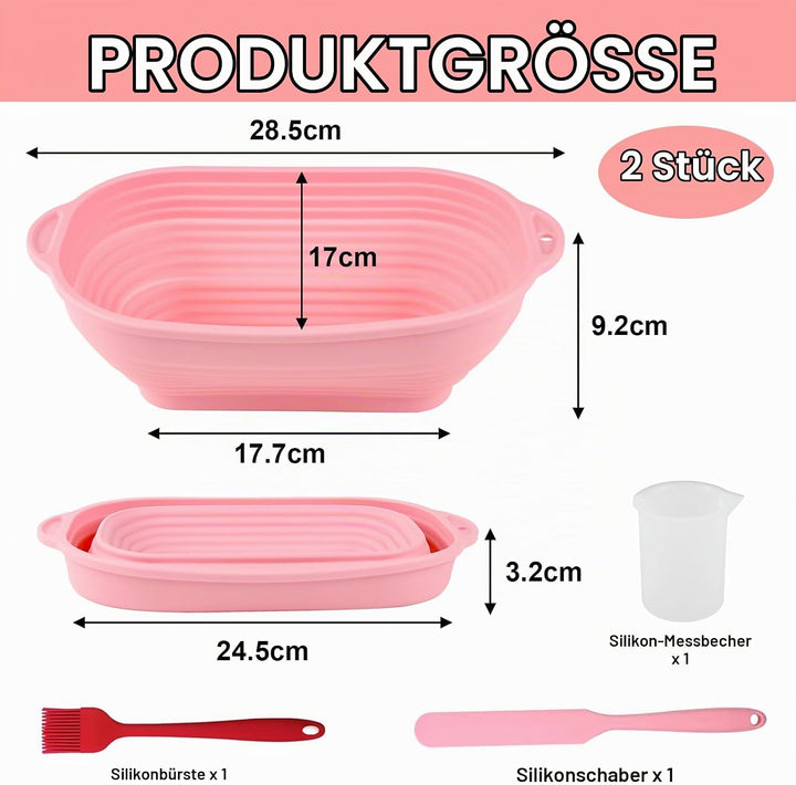 Gärkörbchen Set,Gärkorbaus Hochwertigem Silikon,2 Gärkörbchen Oval aus Silikon mit Silikonbürsten, S
