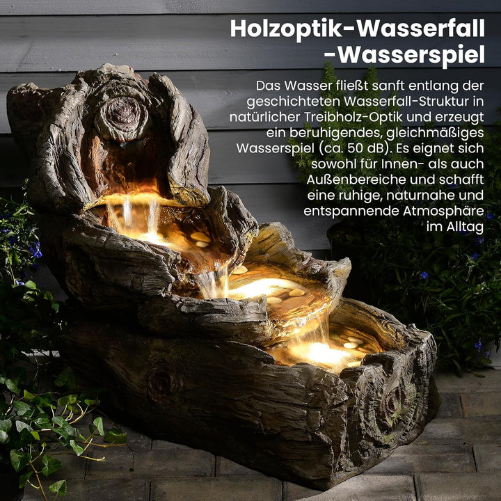 Sunlinua 4-stufige Gartenbrunnen in Holzoptik aus Harz mit LED-Beleuchtung – 80 cm Wasserfall, Garte