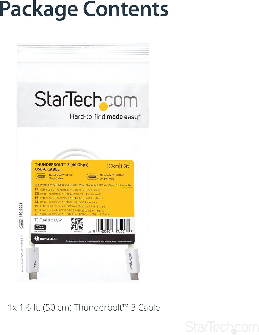 StarTech.com 50cm Passives Thunderbolt 3 Kabel, 40Gbps, 100W PD, 4K/5K Video, Thunderbolt Kabel, Kom