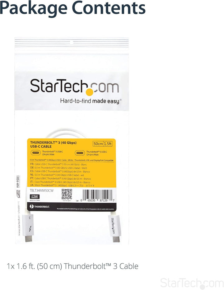 StarTech.com 50cm Passives Thunderbolt 3 Kabel, 40Gbps, 100W PD, 4K/5K Video, Thunderbolt Kabel, Kom