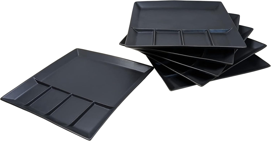 Spetebo Raclette und Fondue Teller eckig 6er Set - schwarz - Grillteller mit 5 Kammern - Menü Tapas