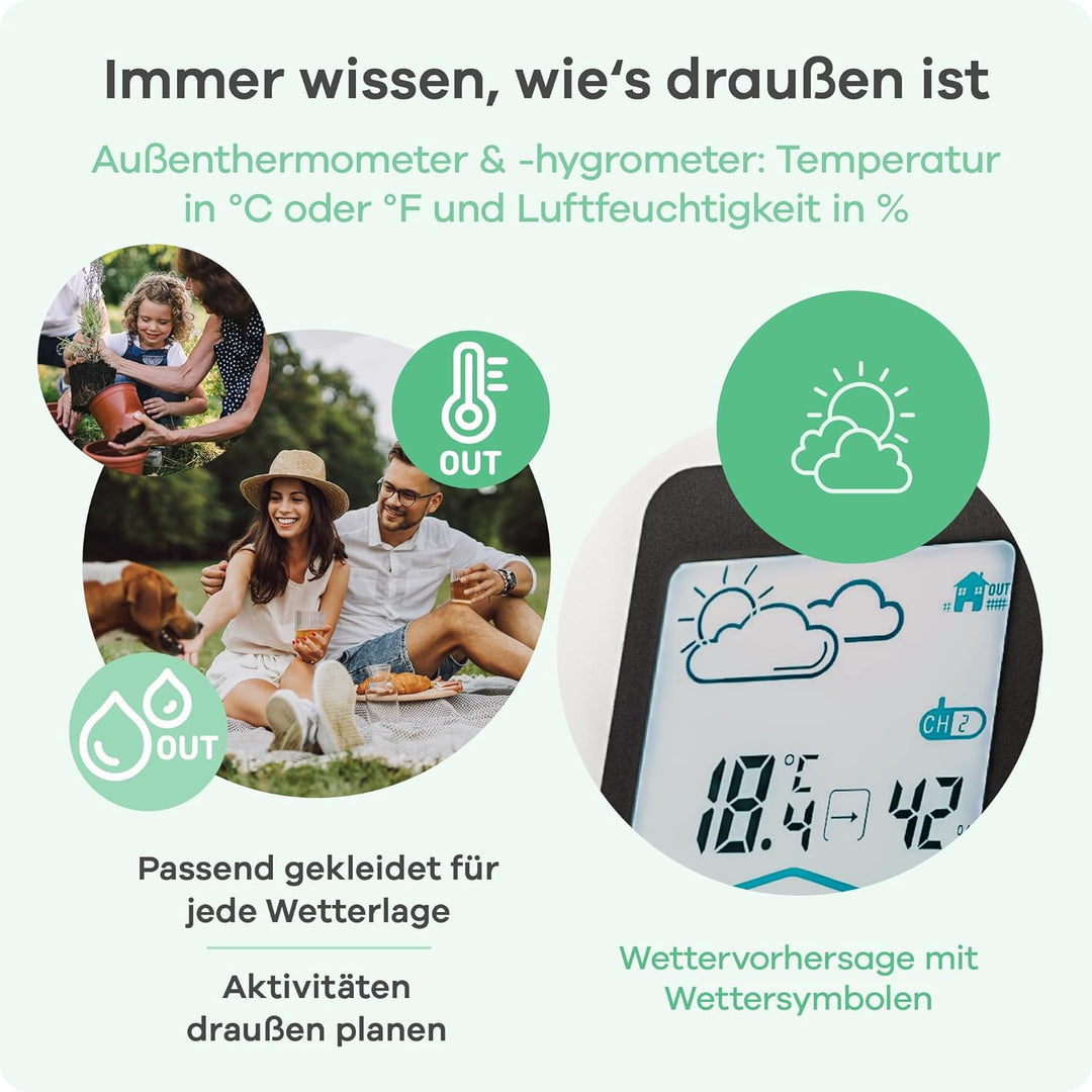 Mebus Wetterstation mit Aussensensor, zeigt Temperatur und Luftfeuchtigkeit innen und aussen, mit We