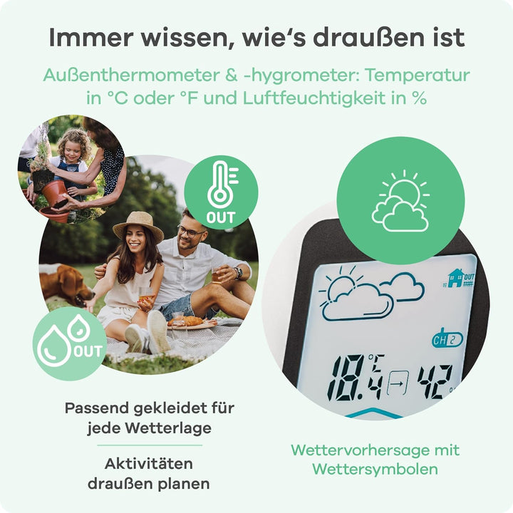 Mebus Wetterstation mit Aussensensor, zeigt Temperatur und Luftfeuchtigkeit innen und aussen, mit We