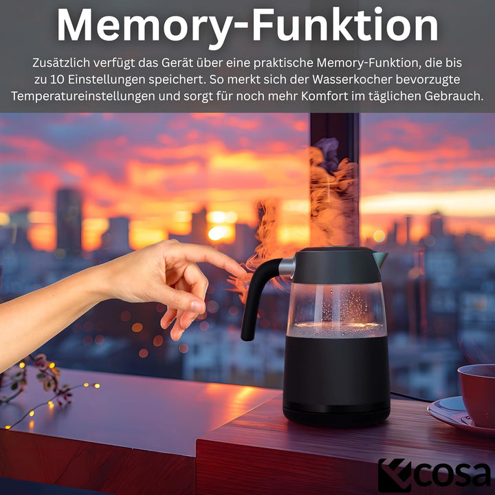Ecosa® Wasserkocher mit Temperatureinstellung Glas Edelstahl - Teekocher 2.200 Watt 1,7 Liter- BPA F
