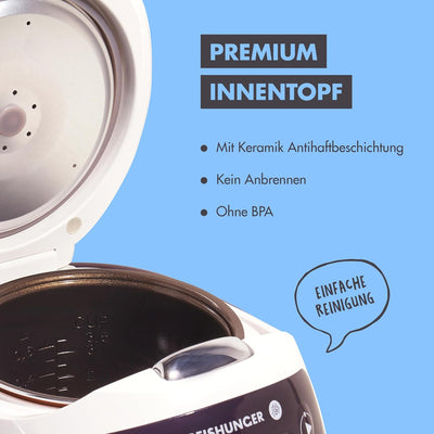 Digitaler Reishunger Mini Reiskocher und Dampfgarer in Weiss - Warmhaltefunktion, Timer & Premium To