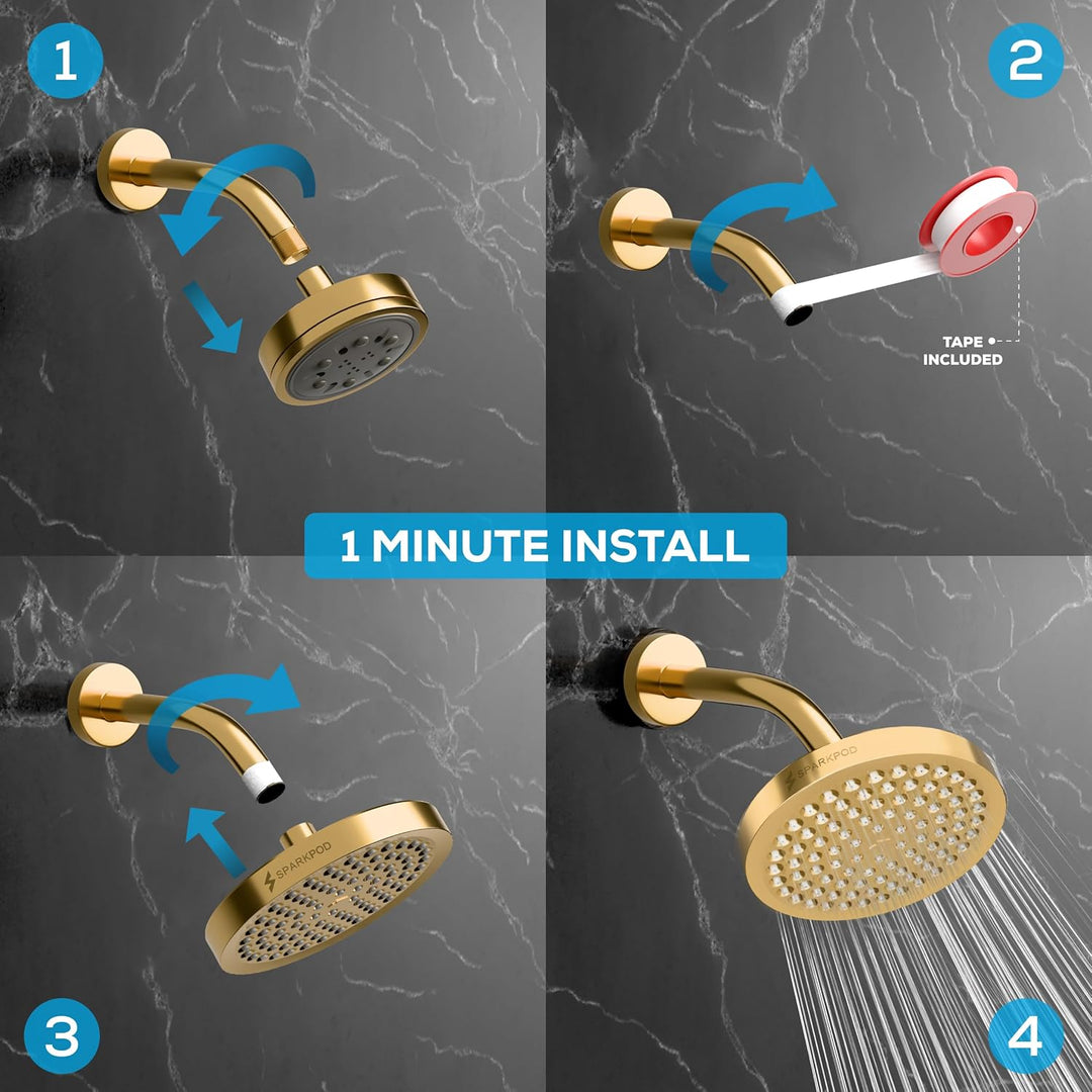 SparkPod Fixed Shower Head - High Pressure Rain - Luxury Modern Look - Easy Tool Free Installation -