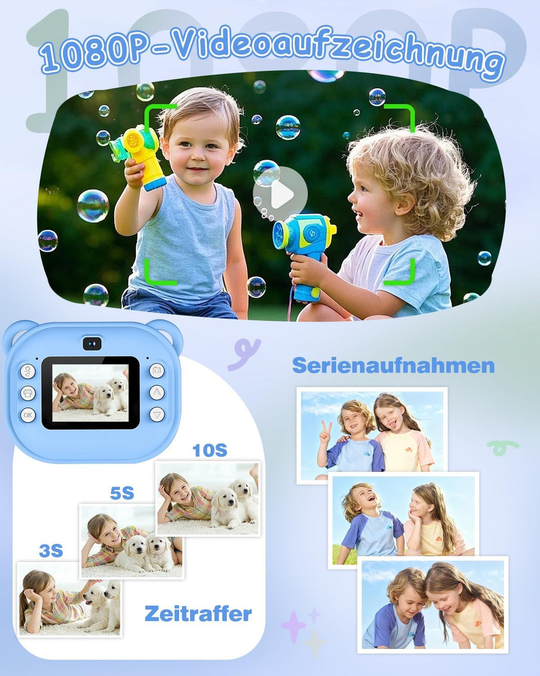Sofortbildkamera Kinder, 1080P Dual-Linse Kinderkamera Sofortbildkamera, 2" Bildschirm Digitalkamera
