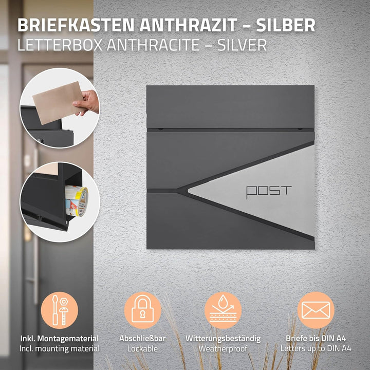 ECD Germany Standbriefkasten mit Zeitungsfach, Design Briefkasten mit Pfosten, Briefkastenanlage, Br