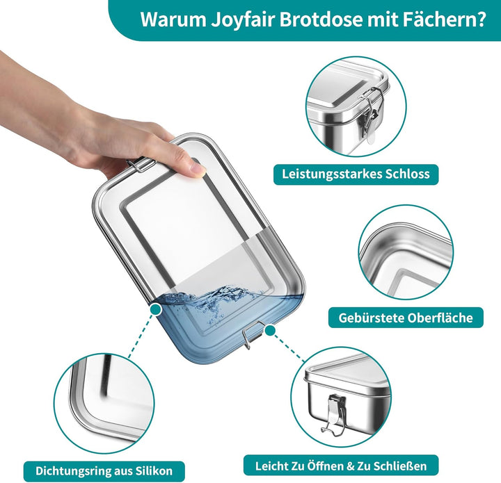 Joyfair Brotdose mit Fächern, 2 Stück Edelstahl Bento Box mit Abnehmbar Fächern für Erwachsene & Kin